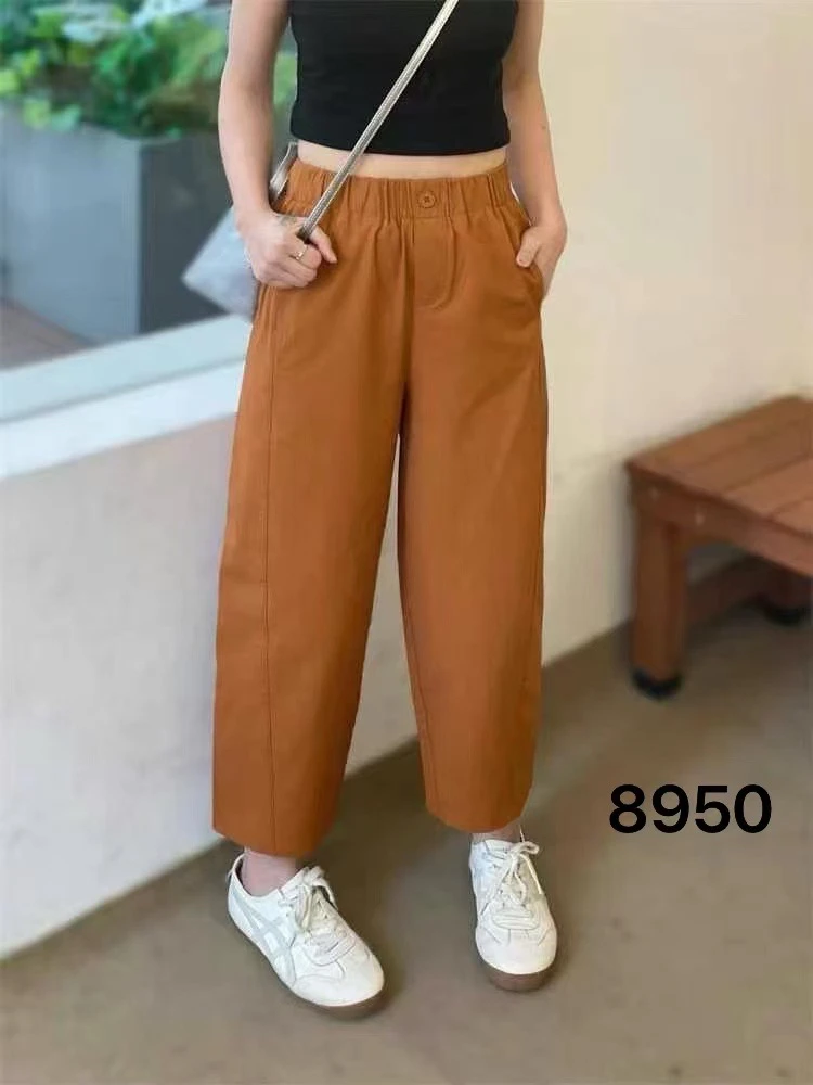 夏季新款钛金棉高腰显瘦松紧腰花苞九分裤