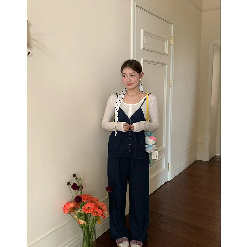 橘子树在哪儿韩系复古牛仔套装女夏季叠穿显瘦百搭吊带裤子两件套