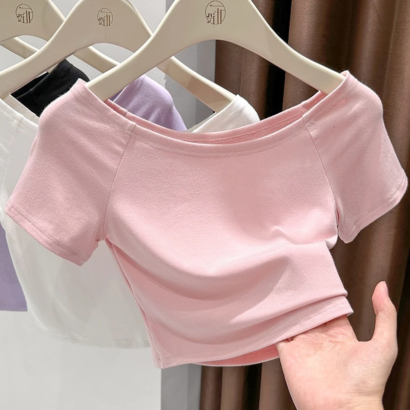 气质温婉粉色甜美露肩短袖T恤2025夏季新款小众短款ins百搭上衣女