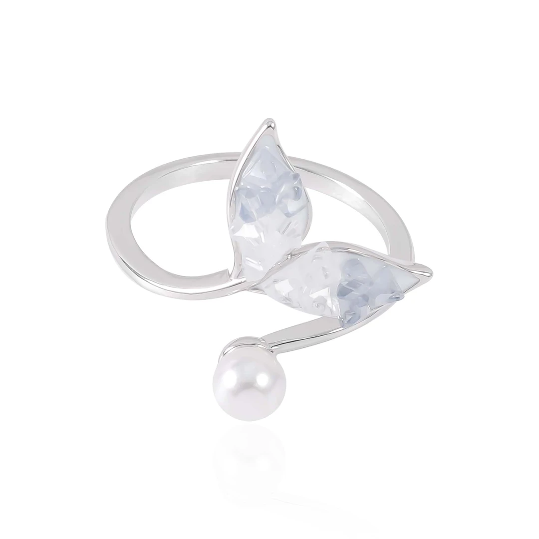 铜合金仿珍珠戒指 锆石时尚气质幻彩尾巴戒指（可调节）F574