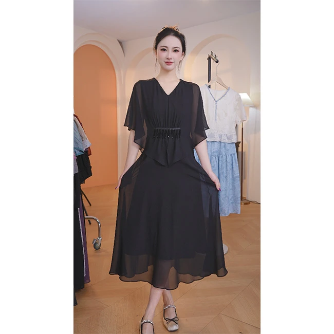 L8664  黑色气质时尚洋气连衣裙2025年春夏新款收腰显瘦中长款