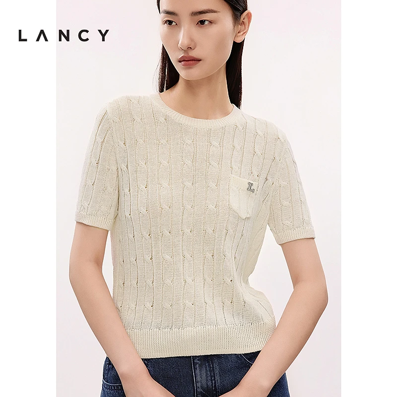 LANCY/朗姿2025夏新款气质绞花圆领短袖针织衫T恤女简约百搭上衣