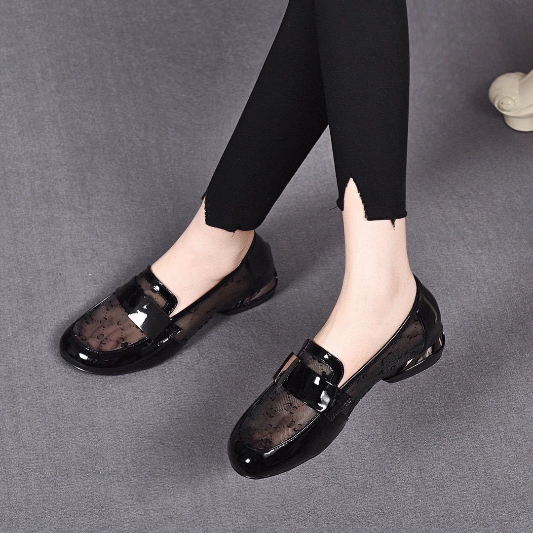 AA网纱单鞋女2025英伦风低跟女鞋圆头乐福鞋一脚蹬女网纱鞋