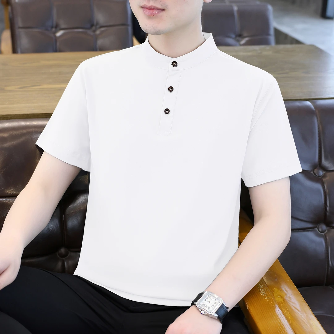 男士夏季冰感T恤时尚百搭纯色中山领短袖潮流半袖透气速干休闲t恤