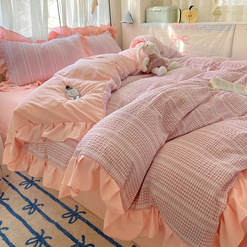 知夏粉提花针织棉四件套床单被套被罩学生宿舍三单人床上用品网红