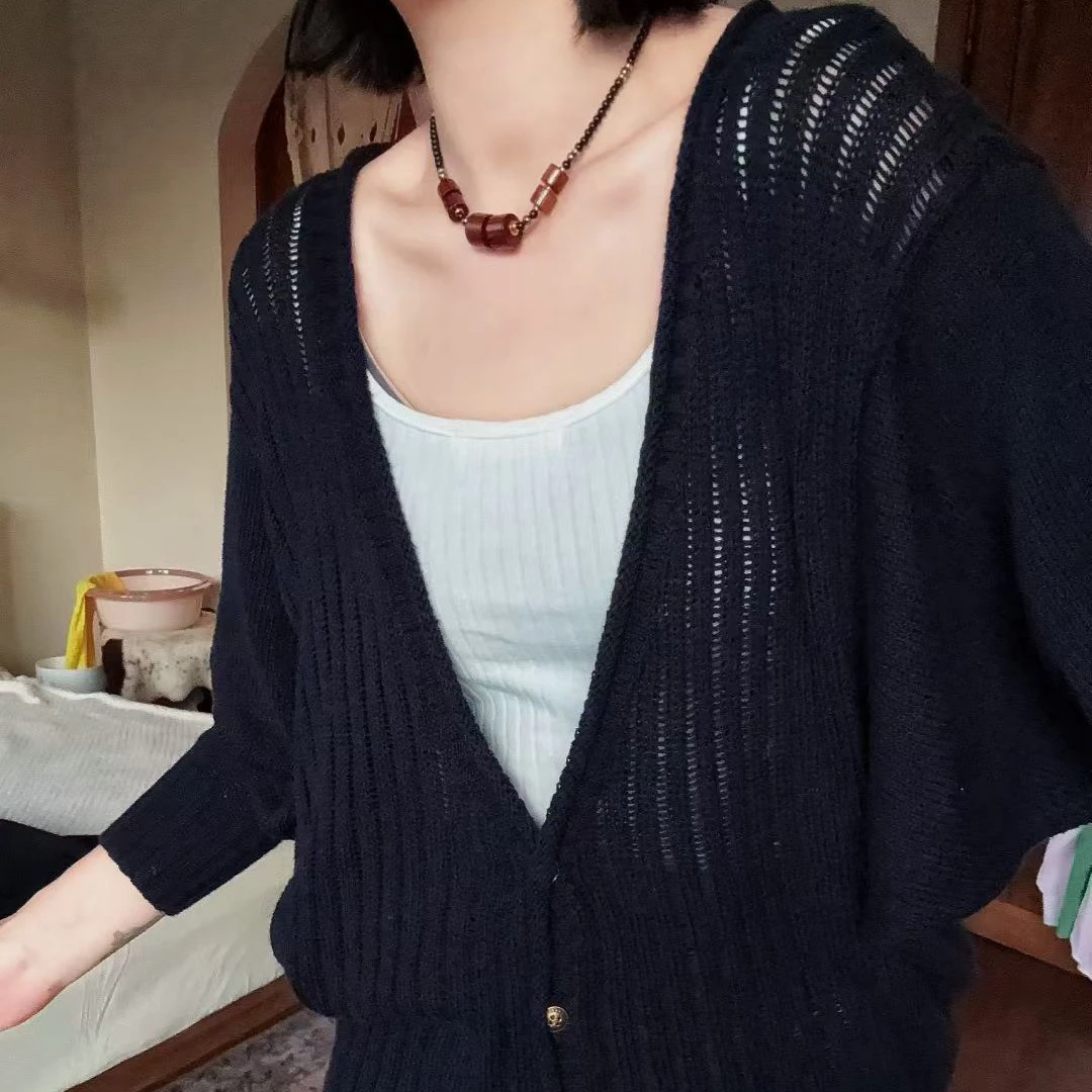 bbr/深蓝色镂空开衫针织