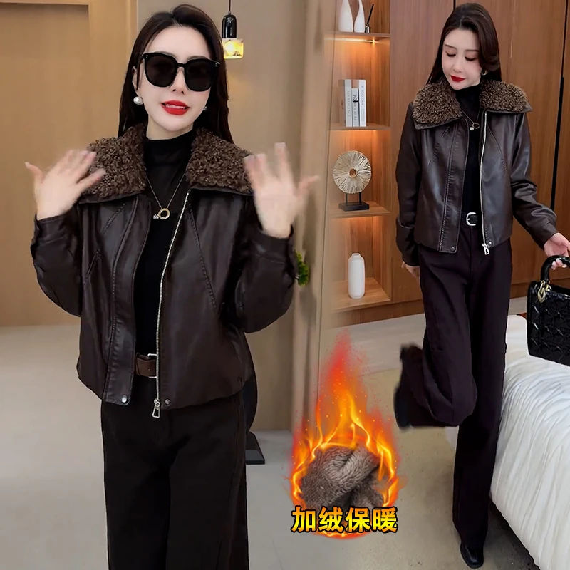 加绒加厚羊羔毛领皮衣短外套女冬季新款洋气百搭保暖机车服皮棉袄