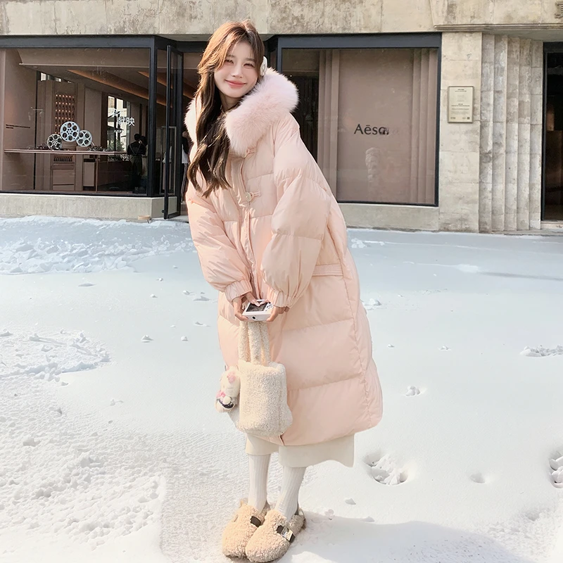 粉色长款修身羽绒服女冬季2025年新款加厚保暖甜美爆款白鸭绒外套