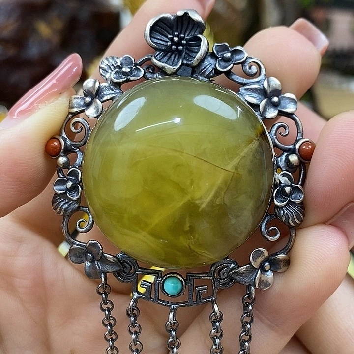 琥珀银S925镶嵌戒指吊坠