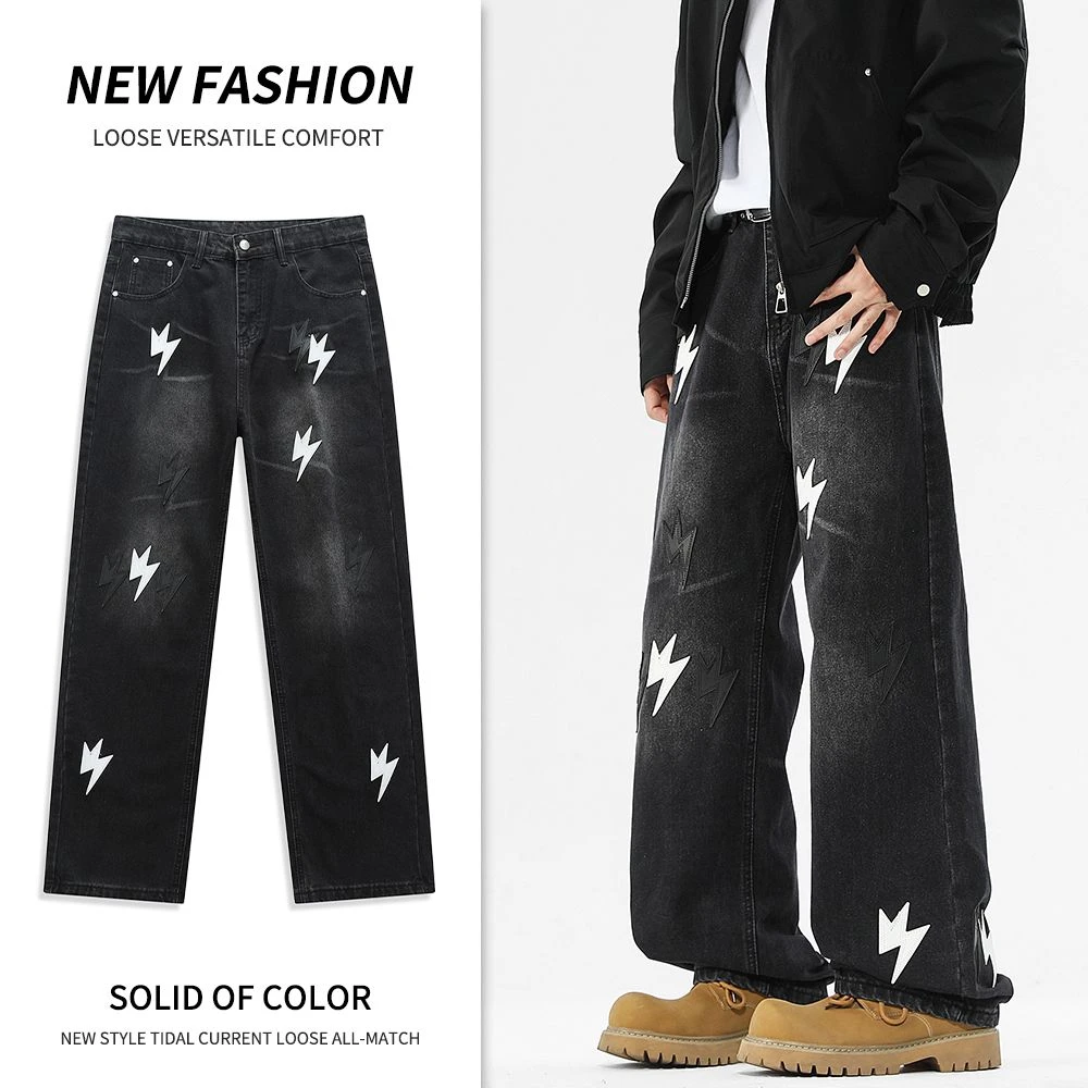 【暗夜紫】LL+潮牌闪电牛直筒黑紫贴皮高盎司做旧洗水黑牛牛仔裤