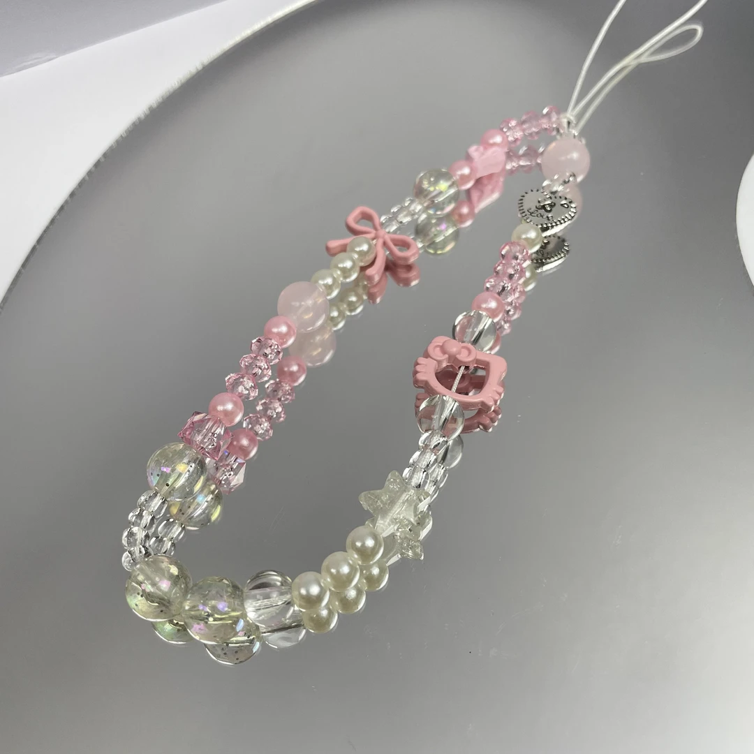 粉色KT猫蝴蝶结手机链短款手腕挂绳串珠挂饰卡通链条相机挂件少女