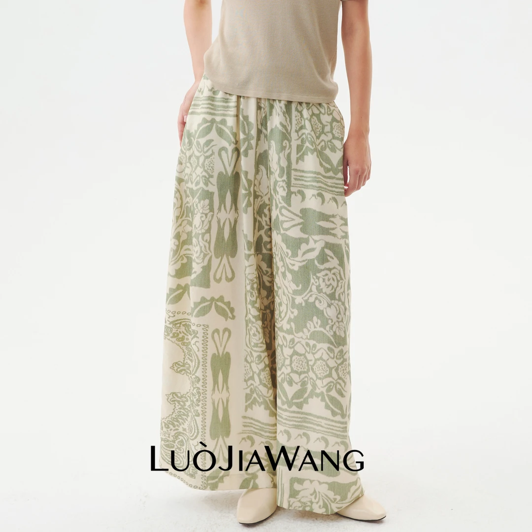 100%桑蚕丝艺术花纹宽松设计百搭松紧腰阔腿裤LUOJIAWANG【常春藤】