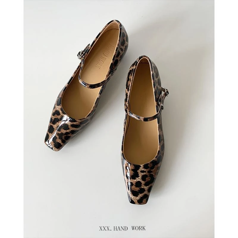 舒适时尚方头粗跟一字扣带玛丽珍鞋女浅口通勤漆皮软底芭蕾舞鞋女