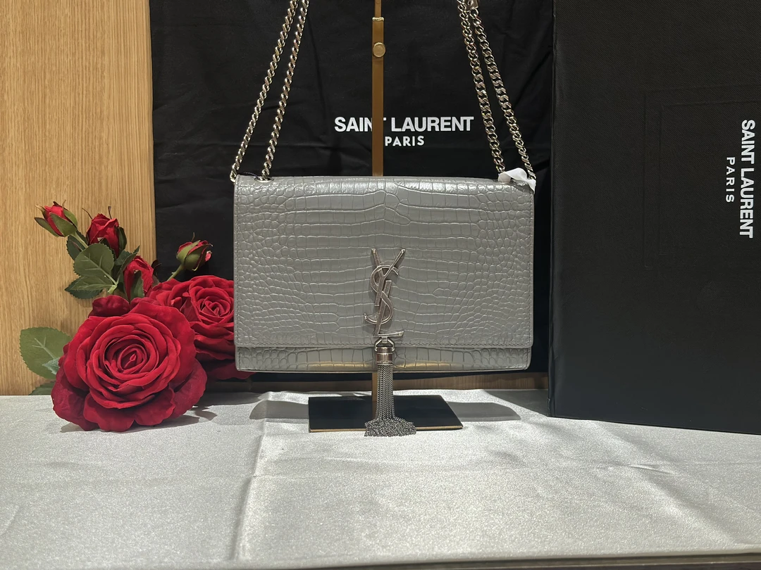 99新 YSL/圣罗兰 壹所奢品/YSL鳄压灰银中号流苏Kate单肩斜挎包