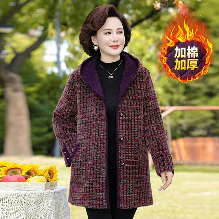 中老年女装秋冬装加厚保暖毛呢外套中长款妈妈高档格子水貂绒大衣