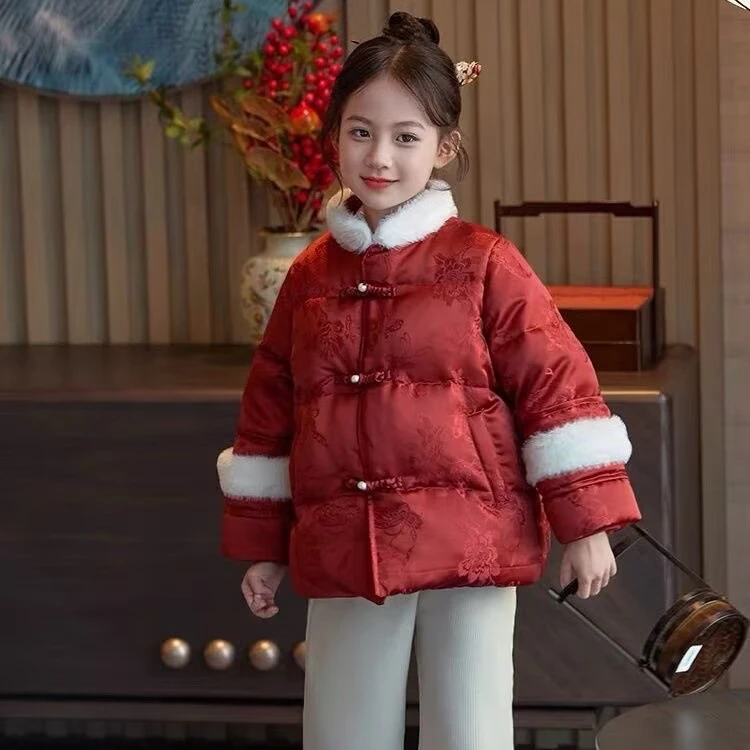 女童装儿童中国风唐装拜年服2025新款洋气外套红色羽绒服新年年服