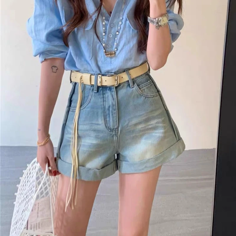 2025新款百搭高腰卷边牛仔短裤夏季水洗宽松显瘦休闲阔腿A字热裤