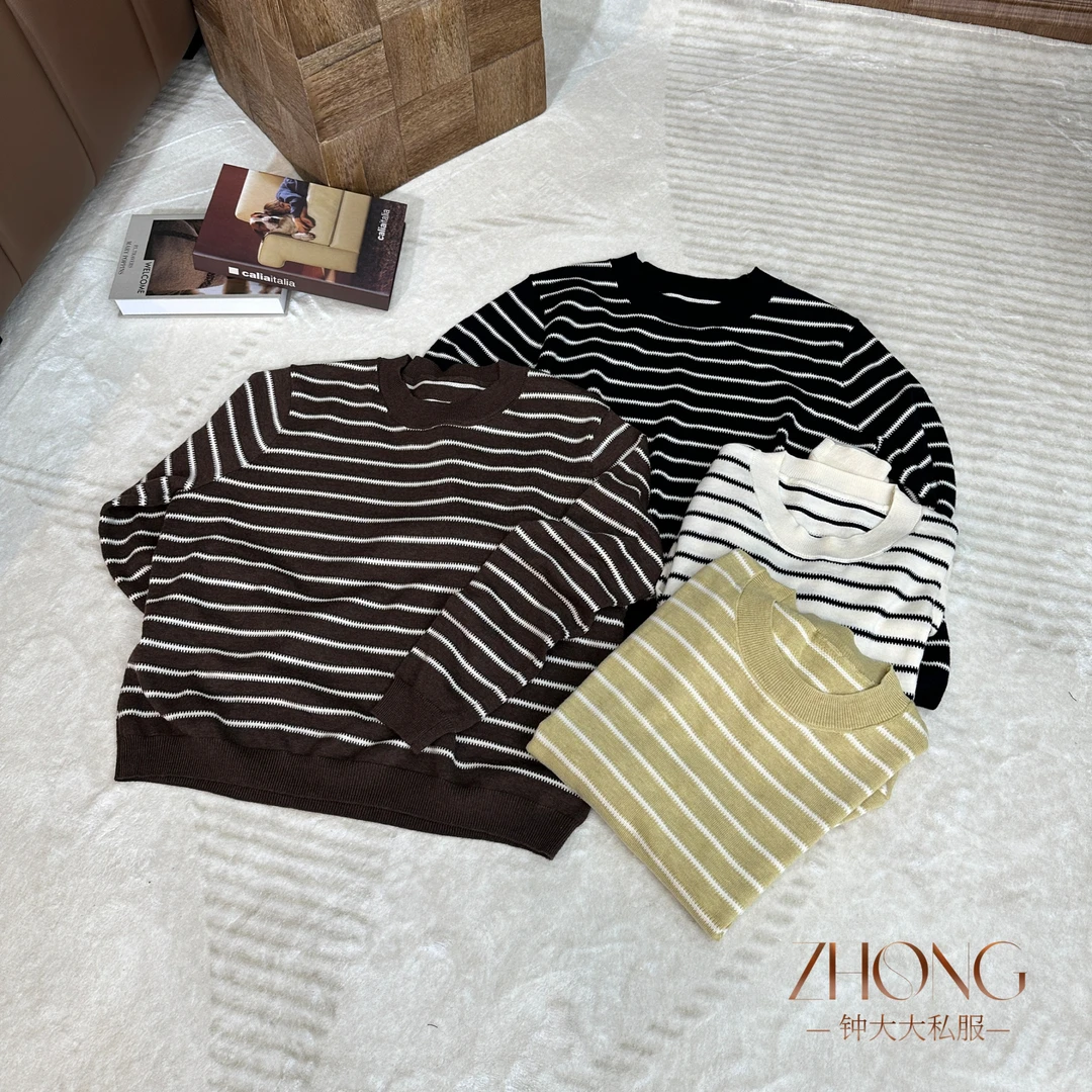 ZHONG大大【】韩版宽松条纹圆领针织衫百搭休闲显瘦毛衣打底衫12222