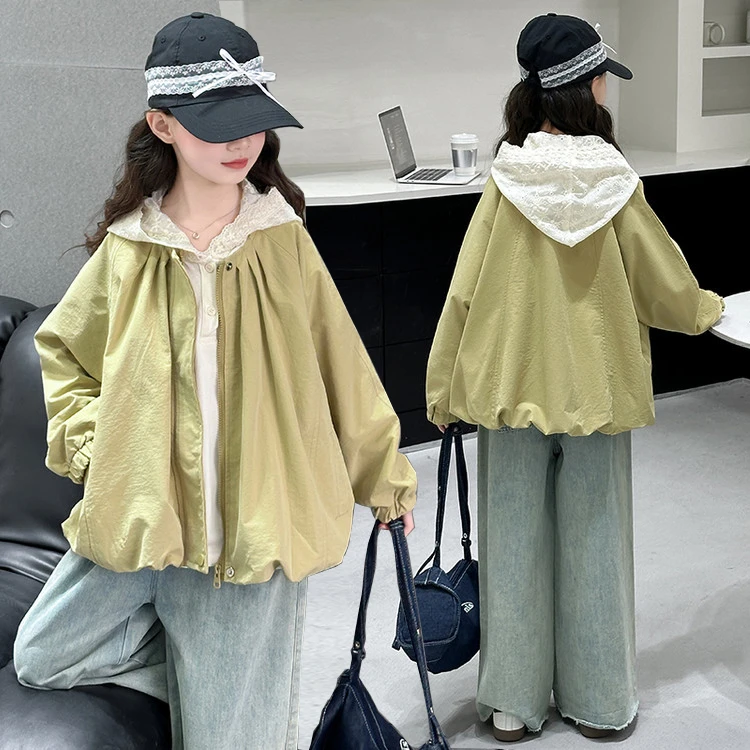 2025新款春款女童休闲外套中大童网红洋气连帽打底衫夹克两件套潮