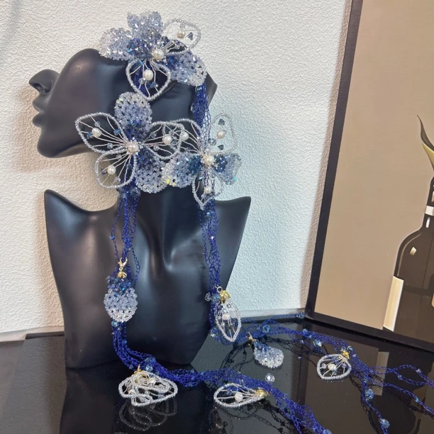 西子家原创渐变蓝色鸢尾花朵长流苏发带多用款发饰设计感气质优雅
