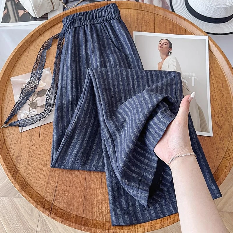 藏蓝竖条纹阔腿裤女2025夏薄款新款蕾丝亚麻麻料防晒休闲直筒裤