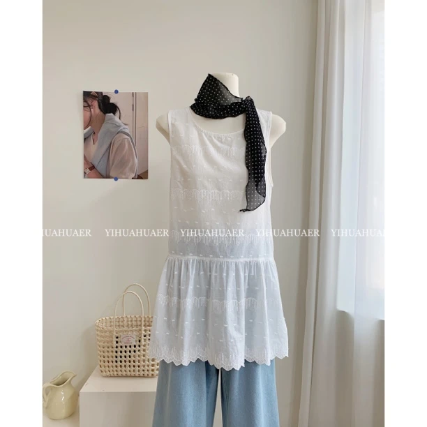 B-2189东大门春款韩系白色刺绣无袖绑带内搭上衣