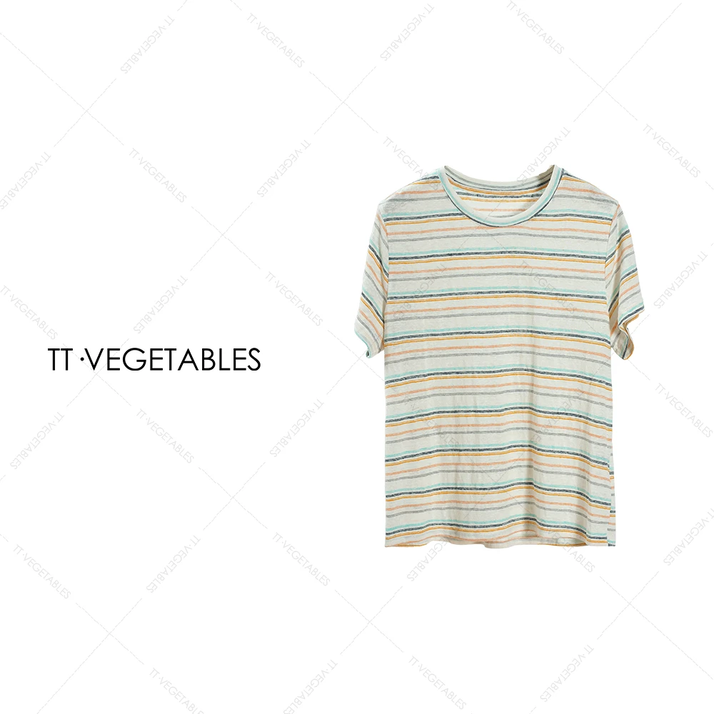 TT・VEGETABLES【序白】多彩条纹多种材质混纺短袖圆领t恤上衣515686