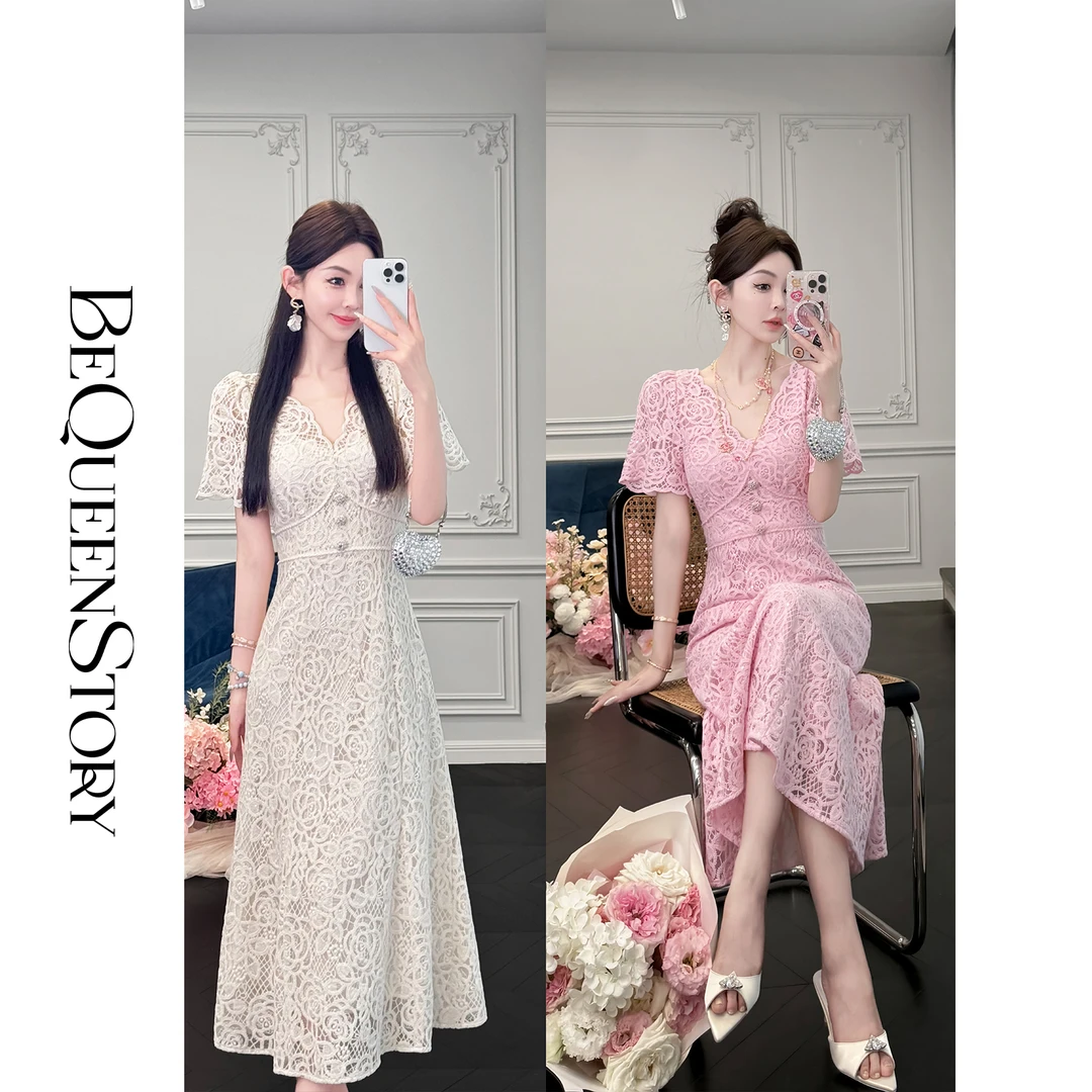 BeQueenStory【倾心繁花】轻奢重工钩花珠片蕾丝V领连衣裙2025新款