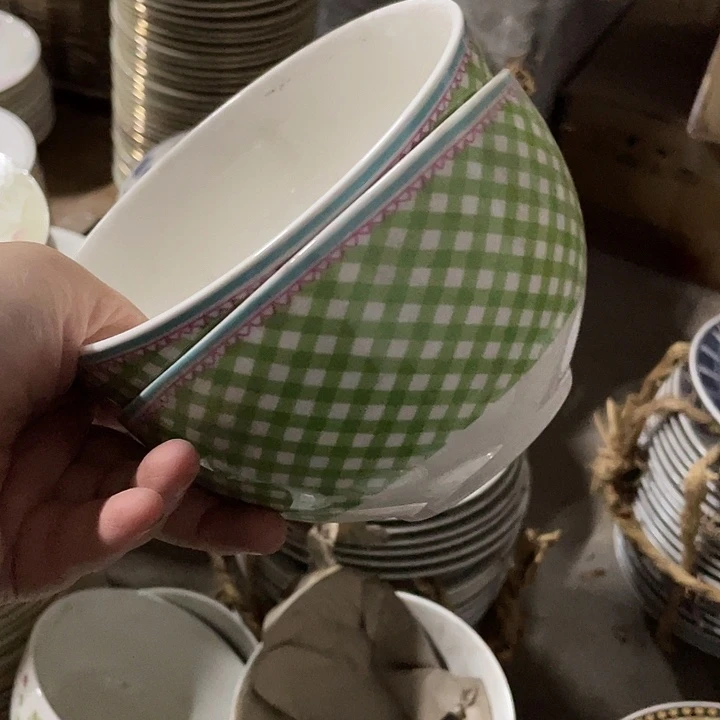 杯瓷片 绿网格15厘米饭碗2个