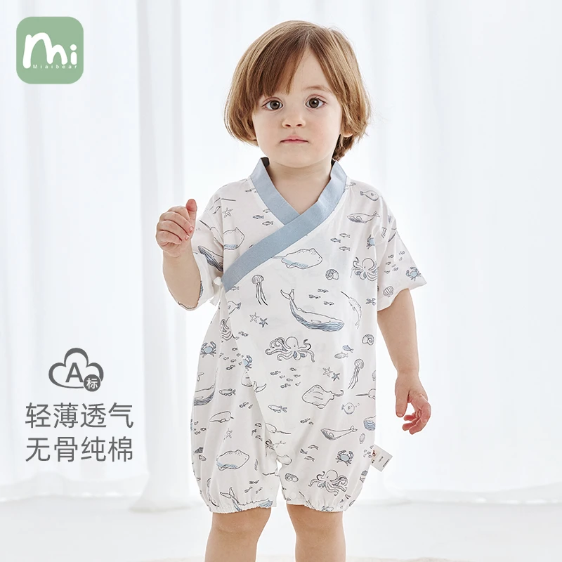 夏季婴儿连体衣短袖薄款纯棉纱布男女宝宝夏装新生儿衣服睡衣59码