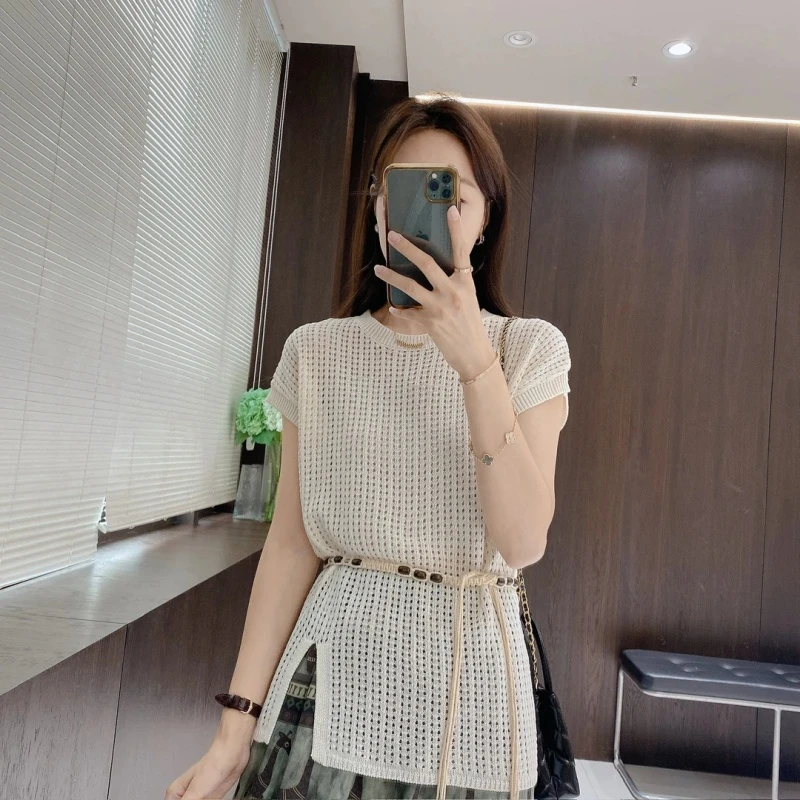 2025夏季新款收腰显瘦短袖针织衫女韩系设计感宽松慵懒风镂空罩衫