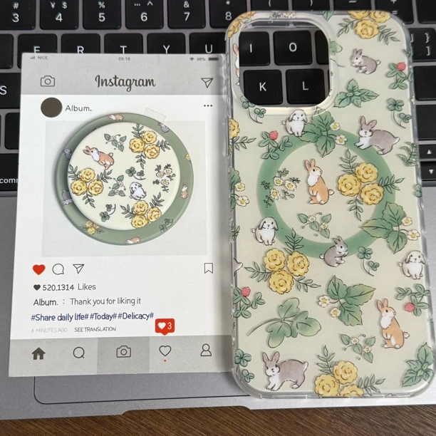 日韩田园风花朵小兔磁吸支架适用iPhone16promax苹果15手机壳14女
