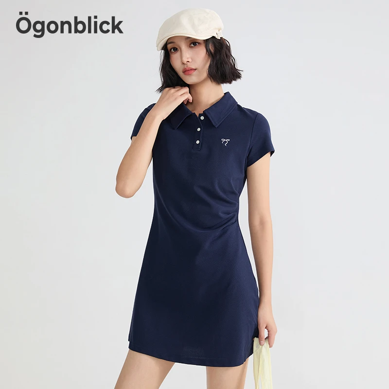 北欧时刻polo领蝴蝶结刺绣连衣裙女夏季休闲修身气质短袖A字短裙