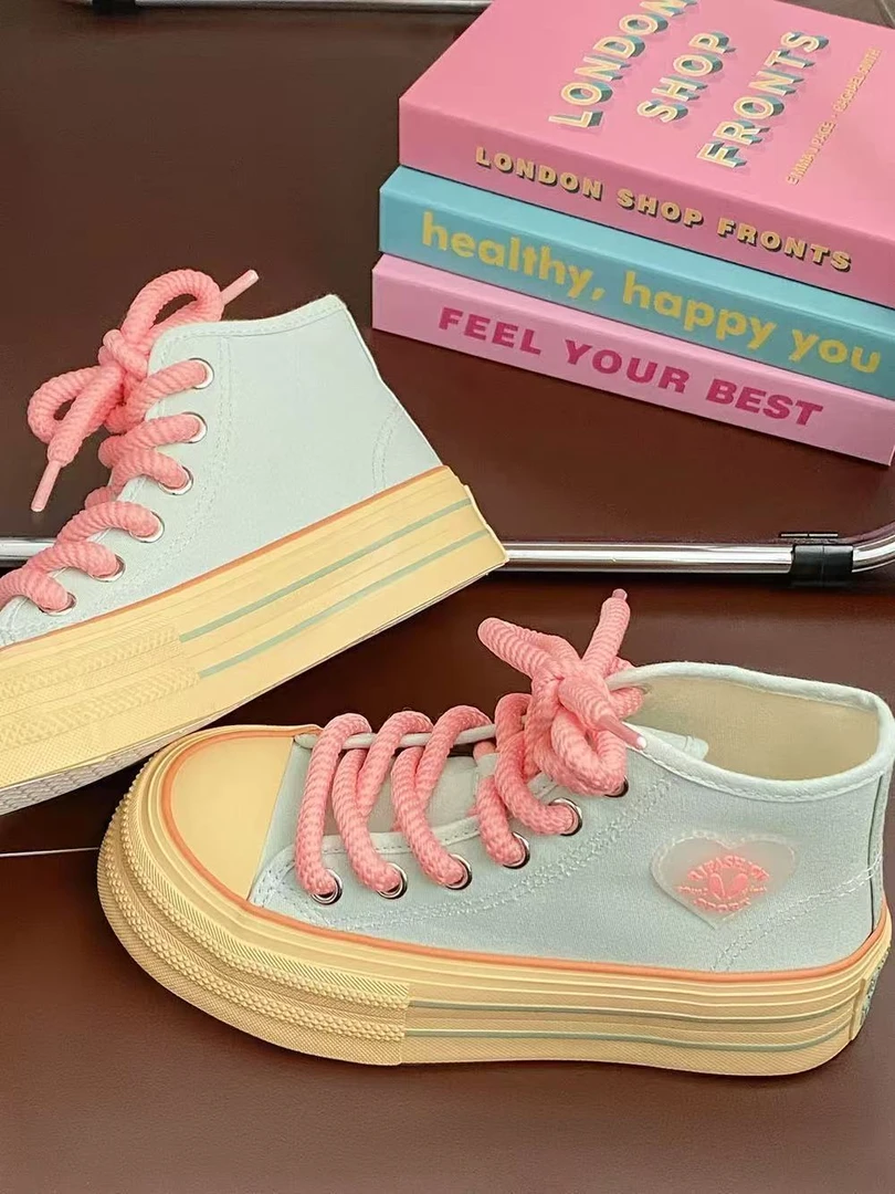 W-8637紫绿多巴胺厚底高帮帆布鞋女2025夏季新款休闲百搭复古板鞋