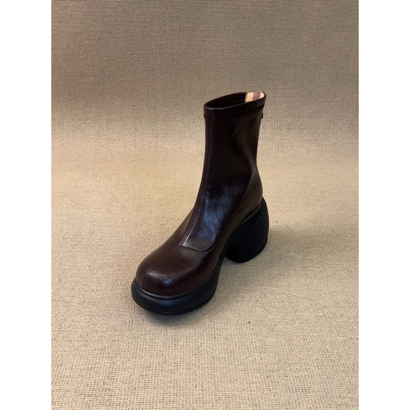 nnmiss·34-40/8cm巨轻便厚底小个子瘦瘦靴简约复古圆头后拉链短靴