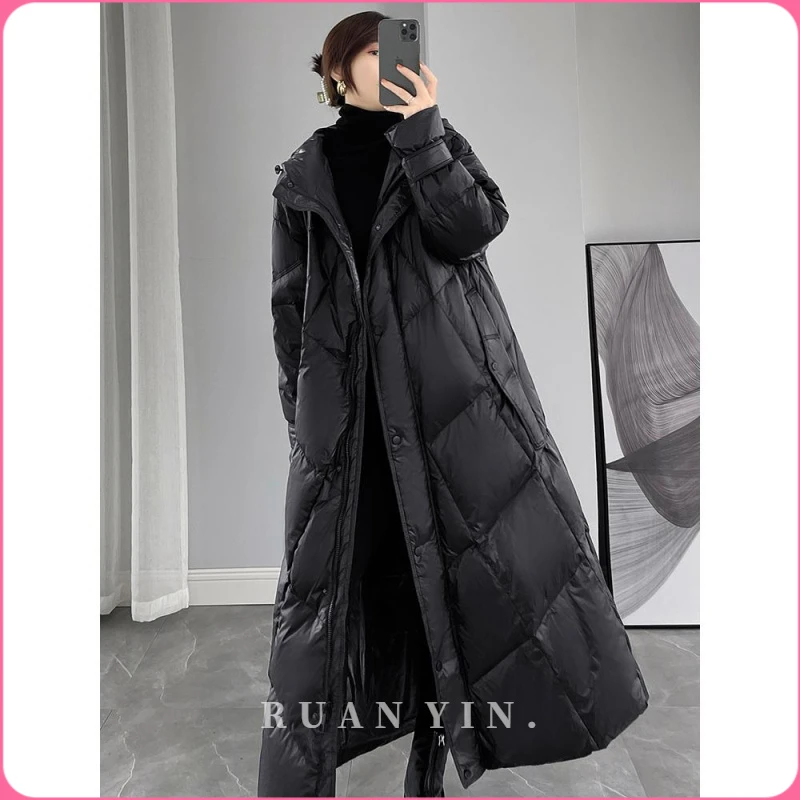 RUAN YIN黑色超长款羽绒服女冬季2025年新款韩版宽松90白鸭绒加厚