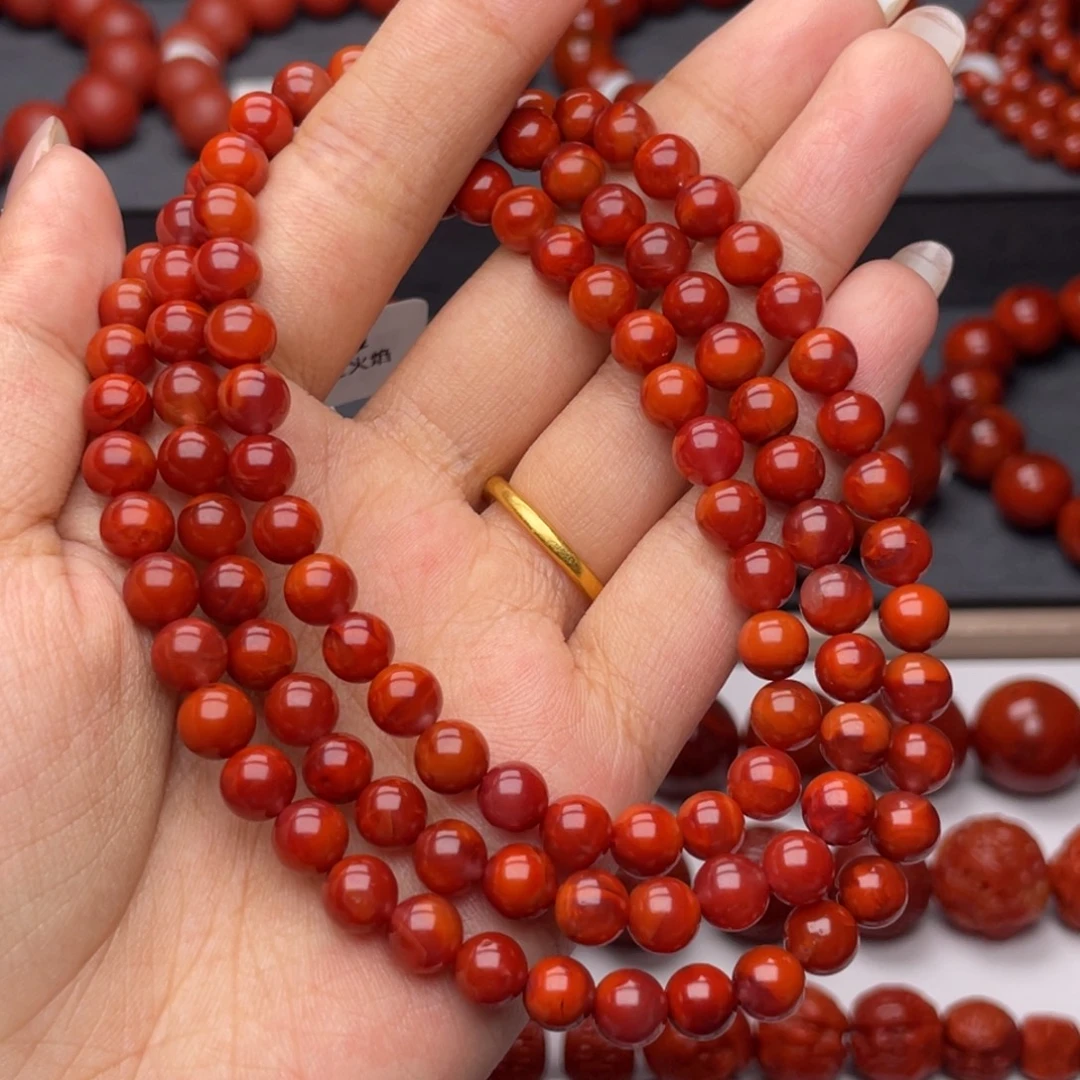 南红玛瑙未镶嵌手串Y6.8mm收藏妖孽双色牛血红火焰长链