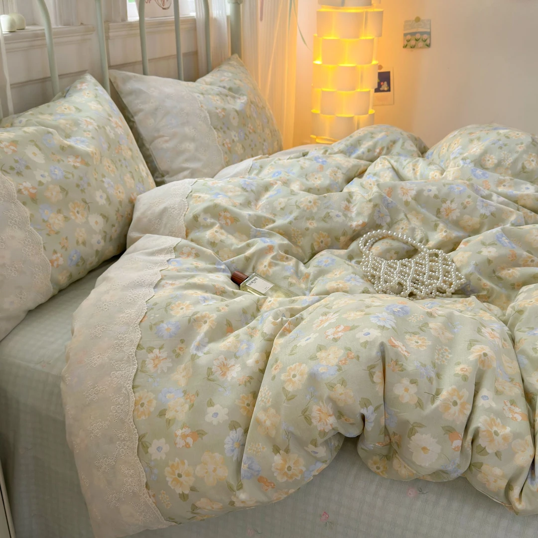 100%全棉四件套法式纯棉蕾丝花边被套床单三件套春夏被罩床上用品