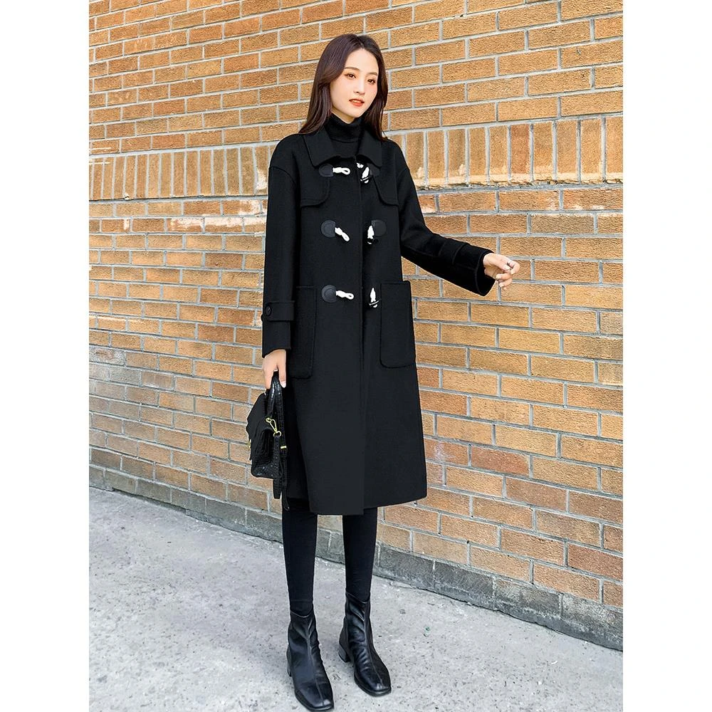 娃娃领黑色双面羊毛大衣女2025新款秋冬中长款韩版毛呢子大衣外套