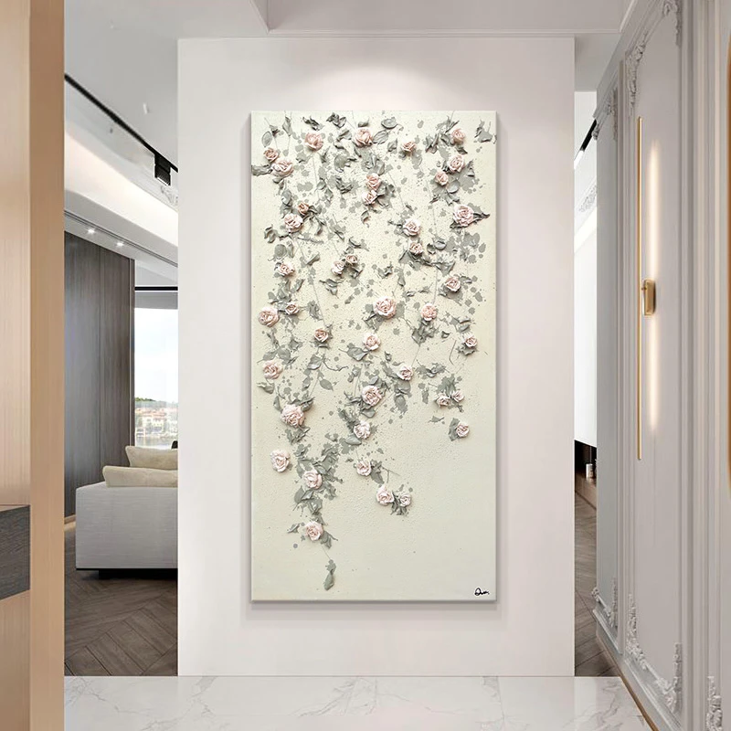 【粉黛玫香】高级感玫瑰手绘油画奶油风入户过道玄关装饰画走廊挂画