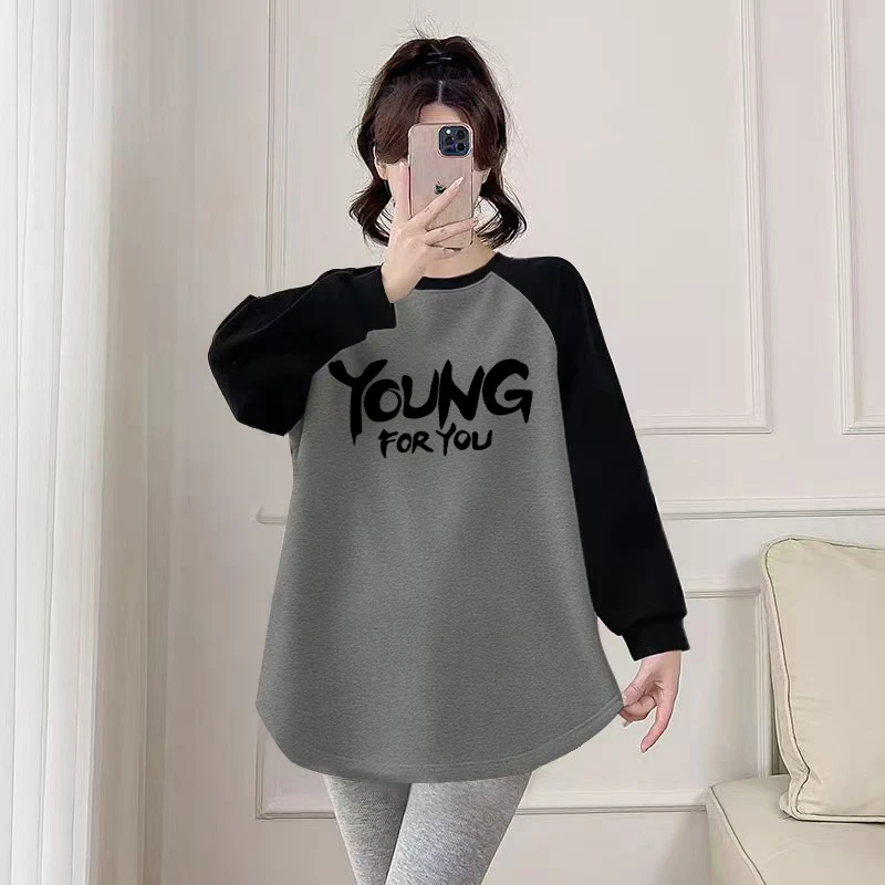 秋冬新款德绒磨毛插肩长袖中长款t恤女下摆圆弧遮臀加厚保暖上衣