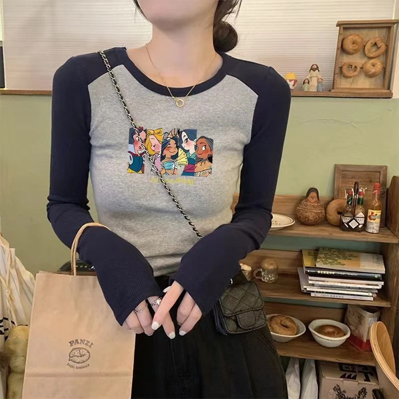 撞色辣妹内搭打底衫长袖t恤女2025早秋新款修身显瘦卡通上衣ins潮