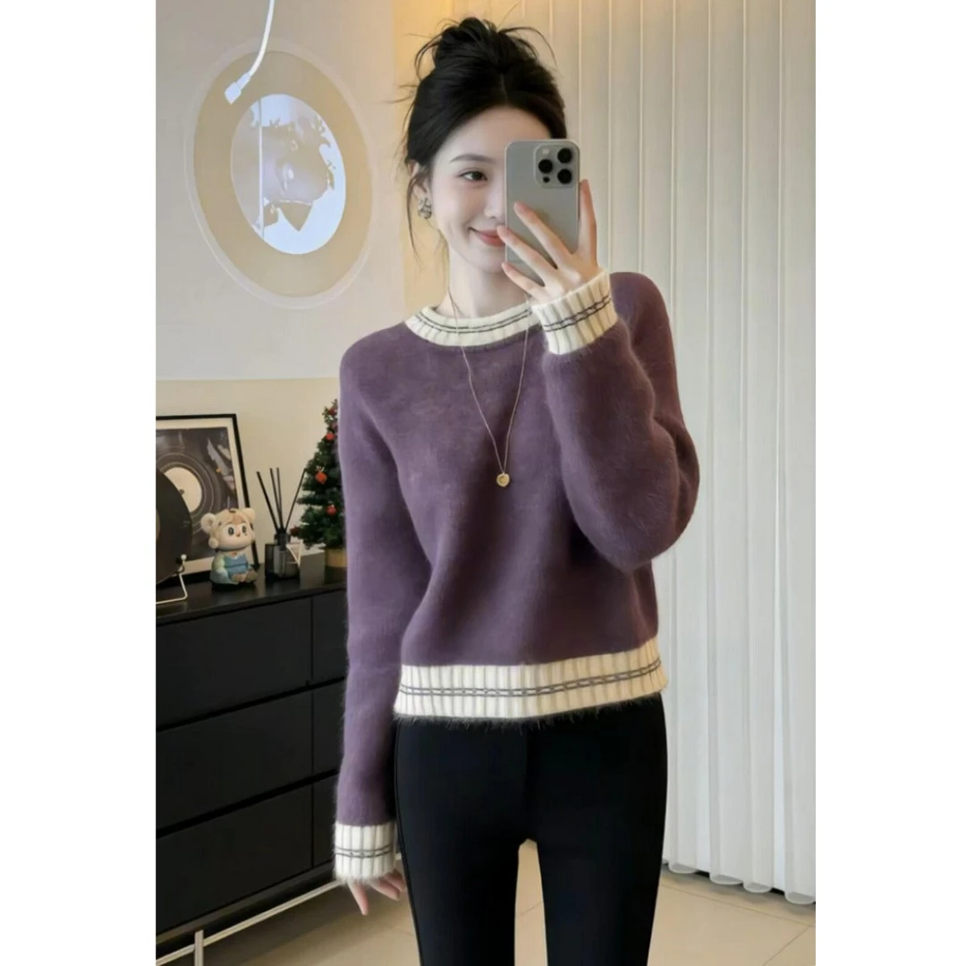 冬季韩里韩气上衣别致独特超好看洋气减龄漂亮高级感紫色针织毛衣