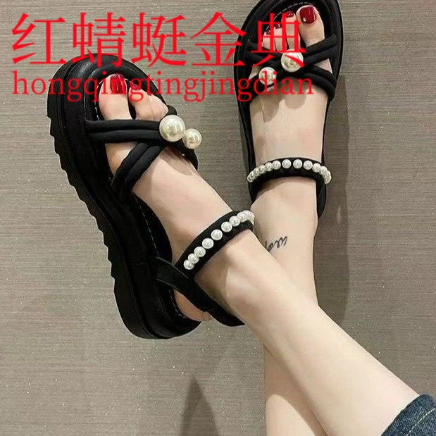 红蜻蜓金典仙女风珍珠凉鞋女款夏季外穿2025新款罗马鞋子百搭厚底