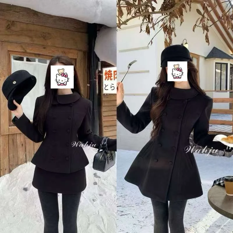 法式千金小香风连衣裙毛呢外套秋冬厚黑穿搭收腰显瘦气质黑色大衣