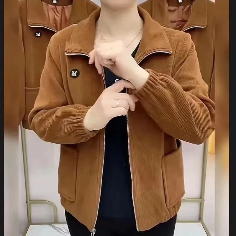 妈妈外套新品灯芯绒纯色款长袖中老年大码拉链款长袖宽松休闲上衣
