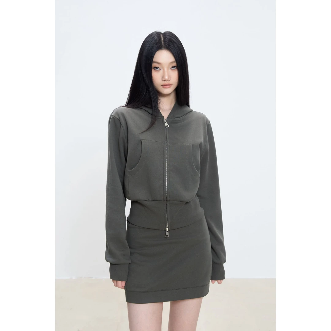 withmin凉皮 北海公式 辣妹百搭休闲拉链短外套+中腰半裙2523974
