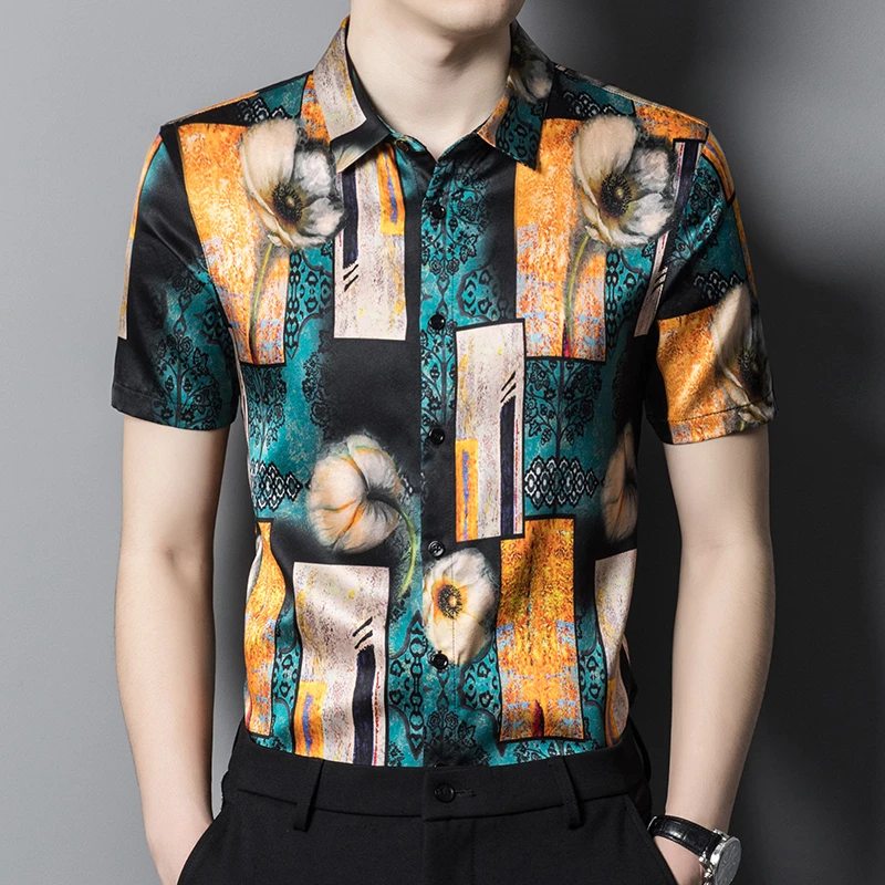 桑蚕丝真丝夏季薄款高端款新款男士高端几何花时尚休闲短袖花衬衫
