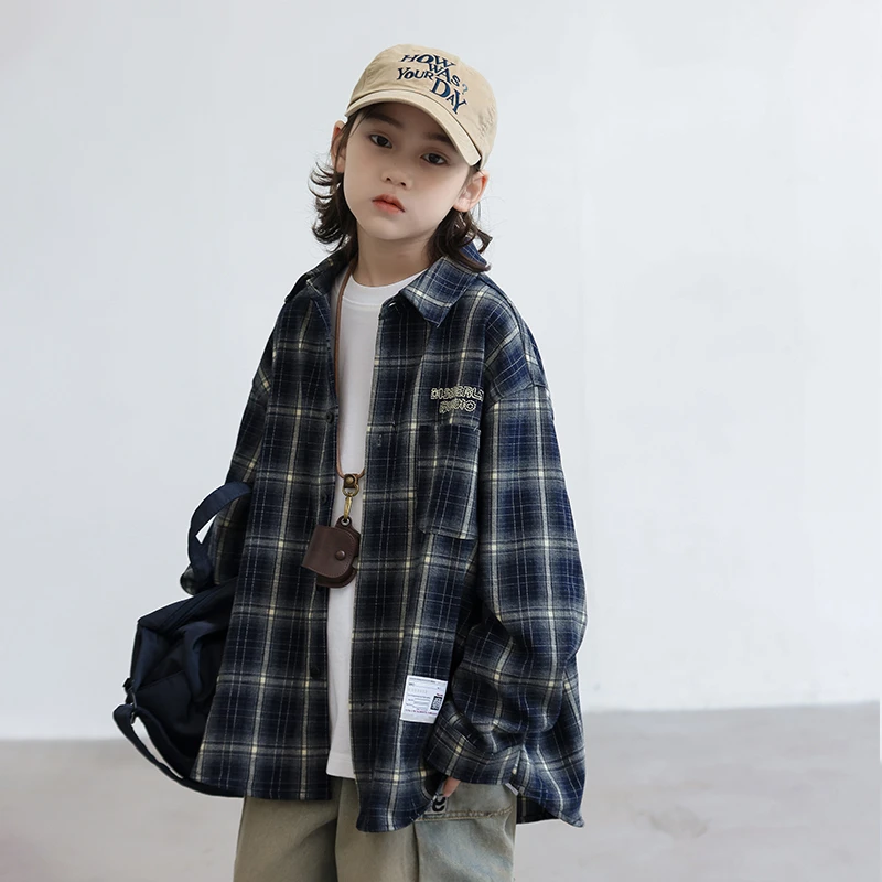 男童格子衬衫2025年秋季新款中大男童洋气翻领格子外套洋气百搭潮