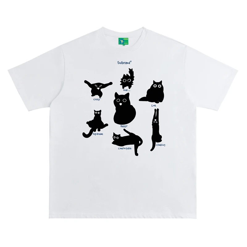 FNI国潮重磅纯棉（猫咪形态）男女同款t恤美式复古短袖上衣24新款